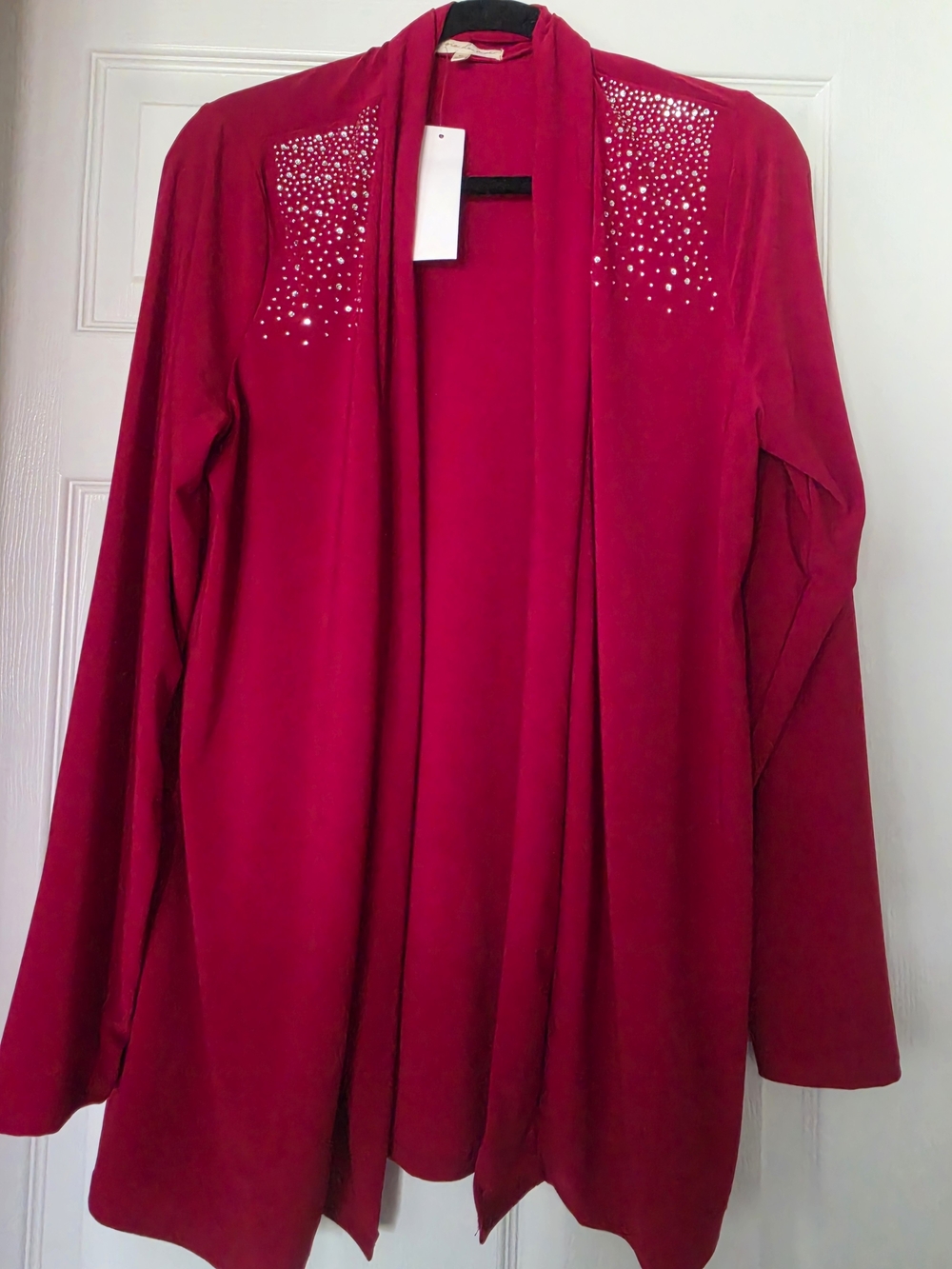 Women’s Open Front Cardigan with Shoulder Rhinestones - Red